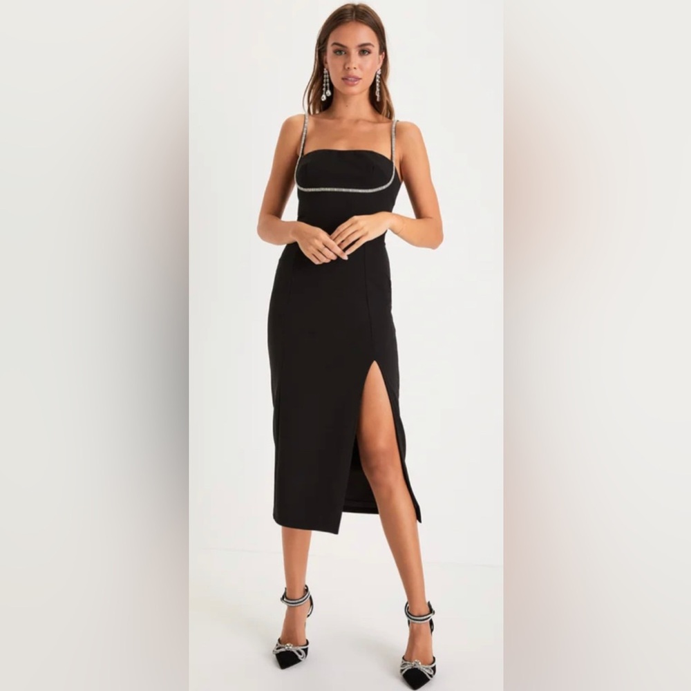 Lulu's Upscale Flirt Black Rhinestone Sleeveless Bodycon Midi Dress